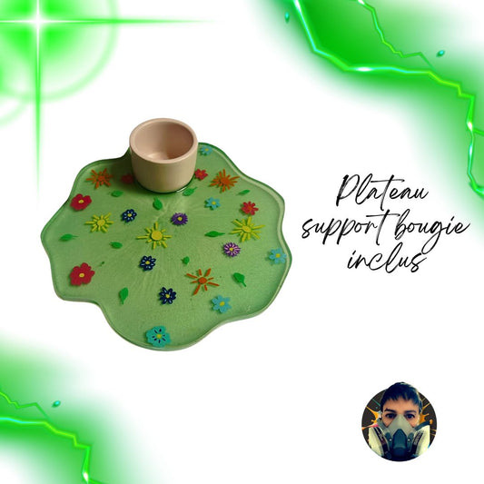 🌞🌿 Plateau déco – Édition Soleil & Fleurs Vert Transparent 🕯️✨